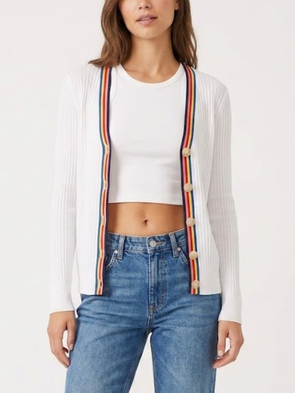 LOFT Rainbow Trim Ribbed V-Neck Cardigan Sweater White Size L